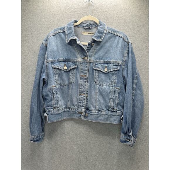 TOPSHOP MOTO MEDIUM WASH WOMEN'S DENIM TRUCKER JEAN JACKET Sz US 6 INNER POCKETS - Picture 1 of 13